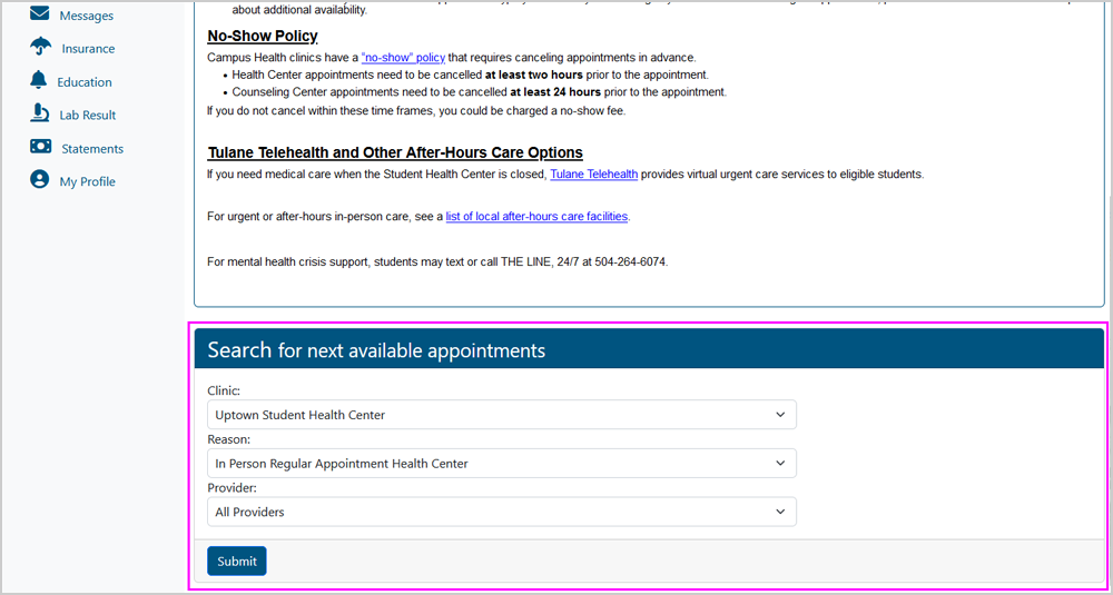 Screenshot of "Search for next available appointments" menu highlighted, with options based on clinic location, medical reason, and provider
