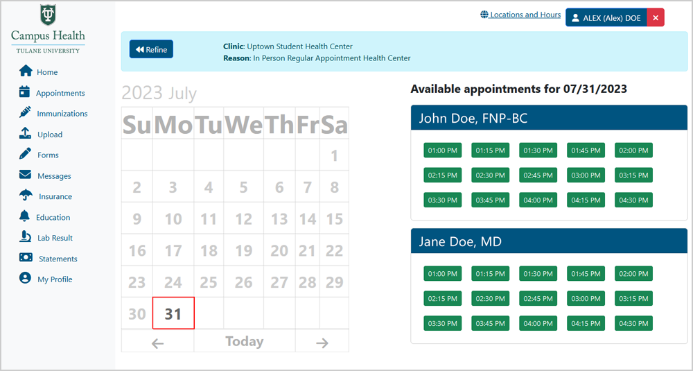 Screenshot of calendar view of appointment availability