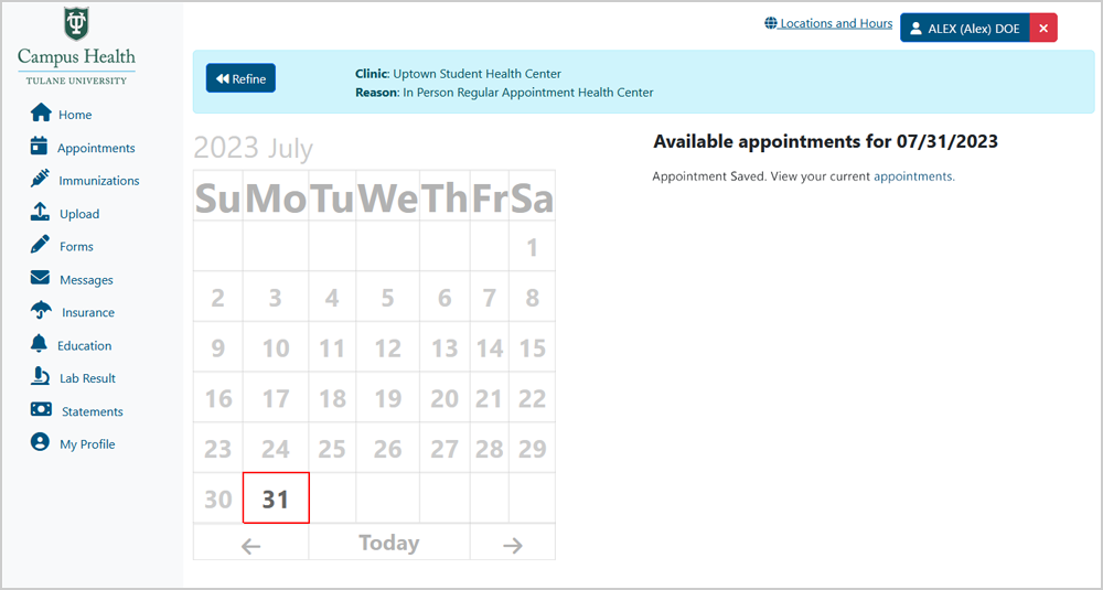 Screenshot of calendar view of saved apointment
