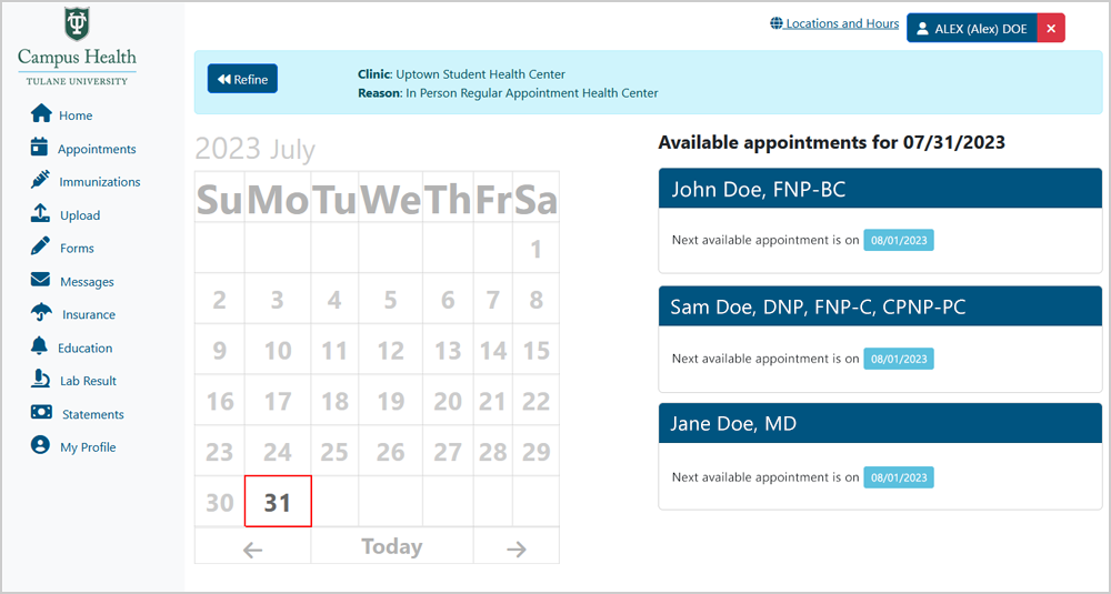 Screenshot of calendar view for next available appointments