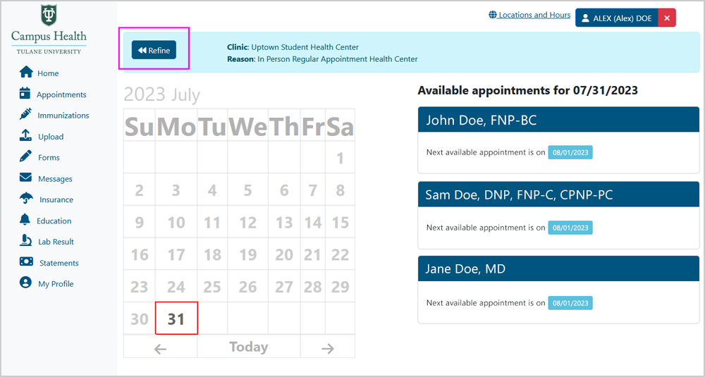 Screenshot of "Refine" button highlighted on the calendar view for next available appointments