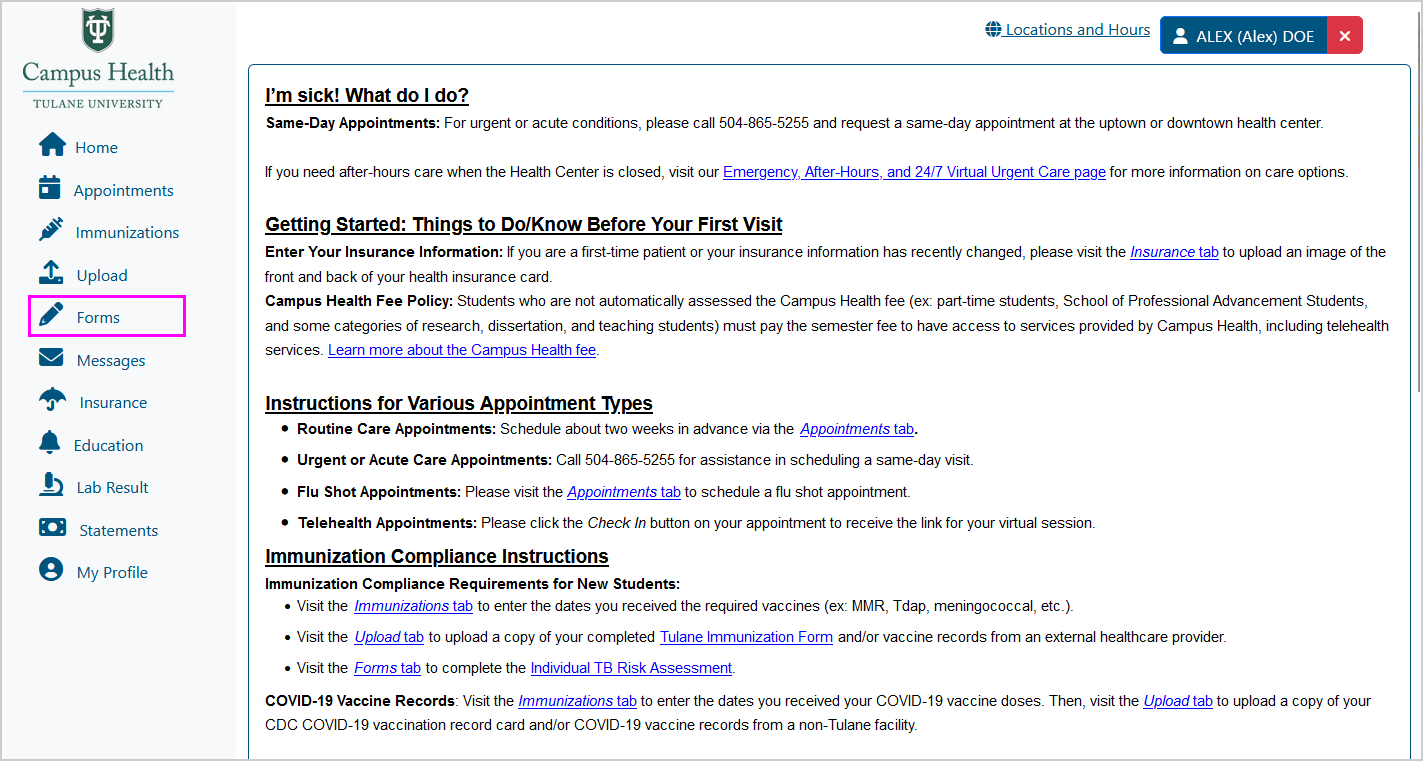 Screenshot of Patient Portal homepage, with the "Forms" button highlighted on the navigation menu