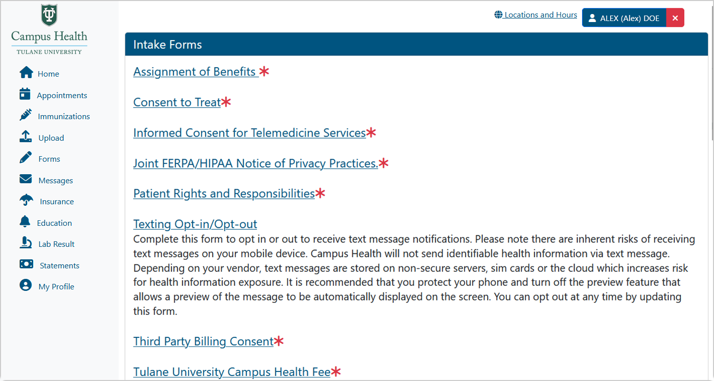 Screenshot of Forms page that shows all Intake Forms