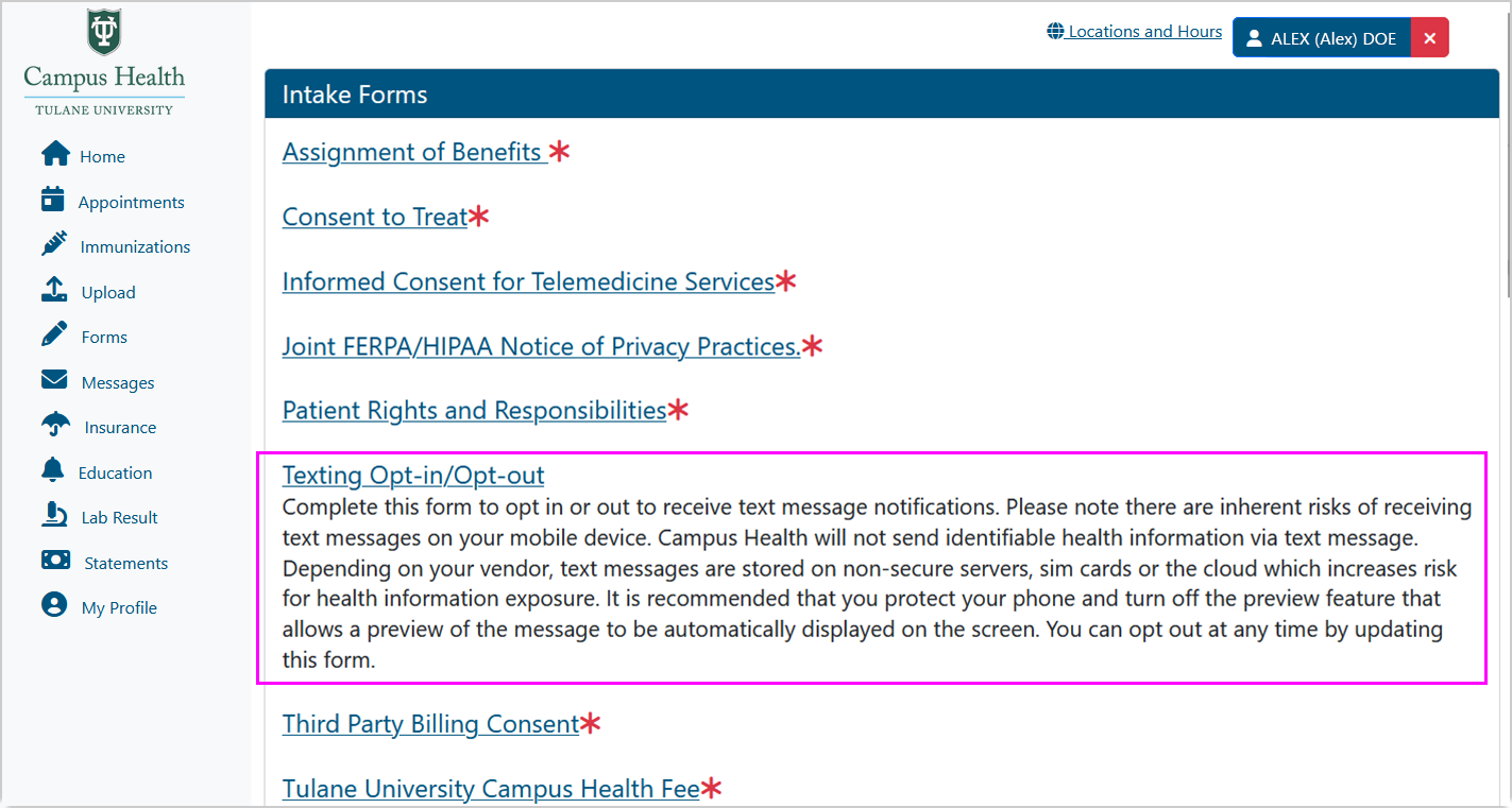 Screenshot of the Intake Forms section with the "Texting Opt-in/Opt-out" form highlighted