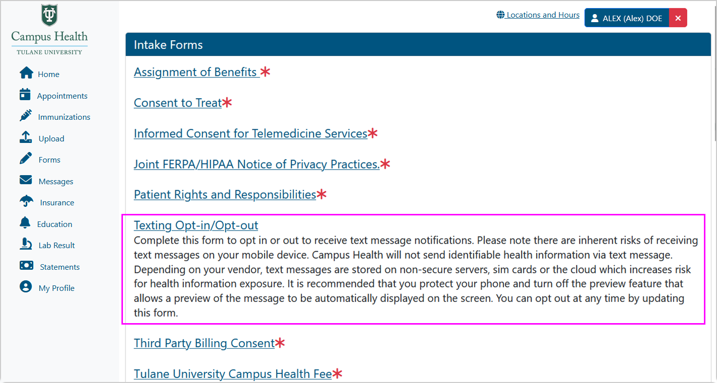 Screenshot of the Intake Forms section with the "Texting Opt-in/Opt-out" form highlighted Screenshot of the Intake Forms section with the "Texting Opt-in/Opt-out" form highlighted