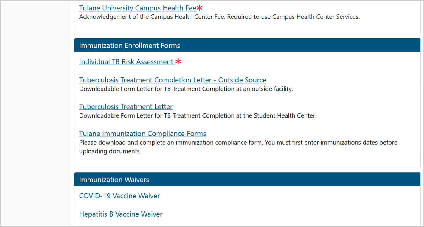 Screenshot of Forms page that shows all Immunization Enrollment Forms and Immunization Waivers