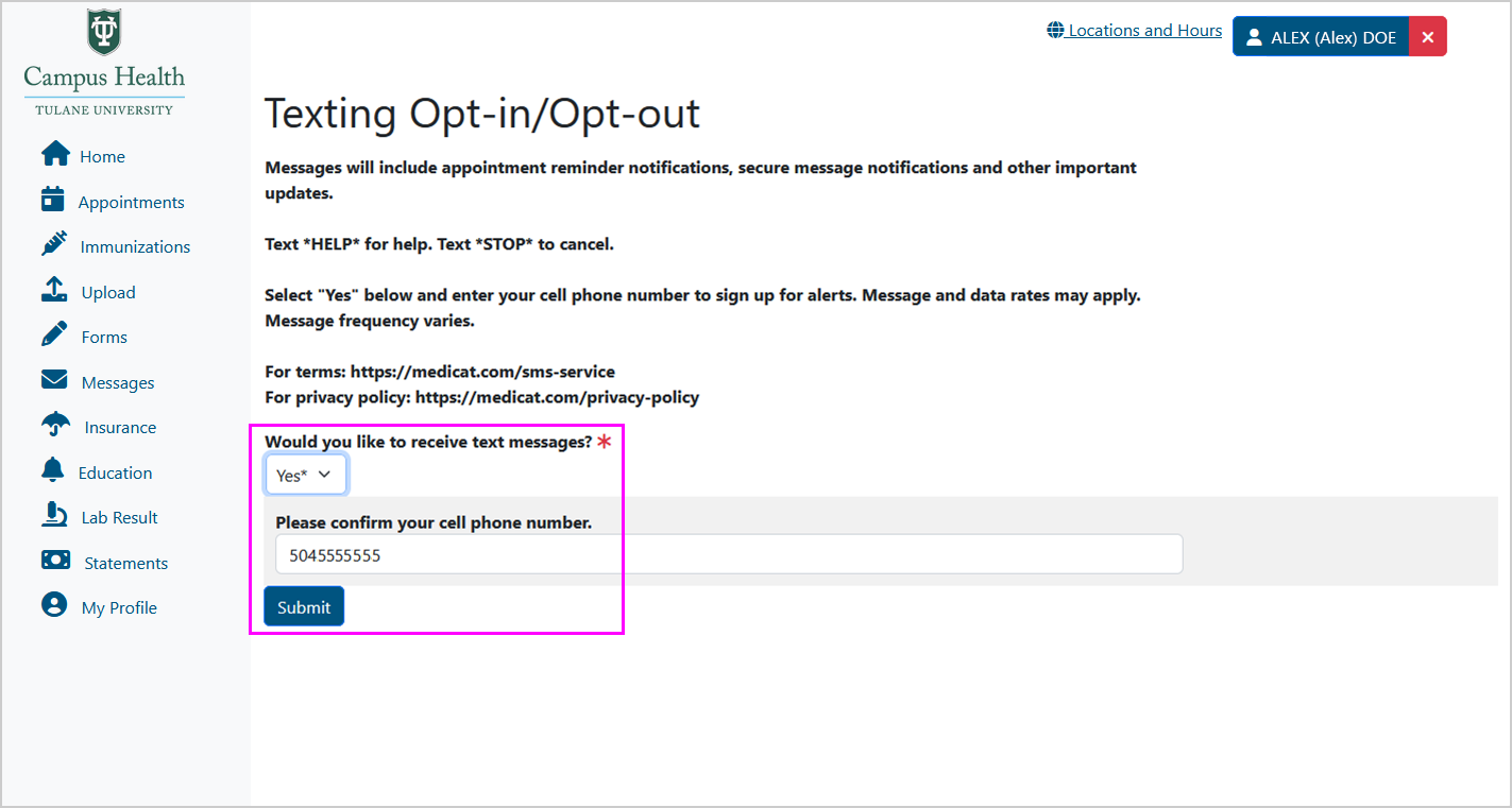 Screenshot of Texting Opt-in/Opt-out form, with the yes/no drop-down menu set to "Yes", text field for phone number confirmation, and Submit button all highlighted; the phone number confirmation field will only appear if you choose "Yes". Screenshot of Texting Opt-in/Opt-out form, with the yes/no drop-down menu set to "Yes", text field for phone number confirmation, and Submit button all highlighted; the phone number confirmation field will only appear if you choose "Yes".