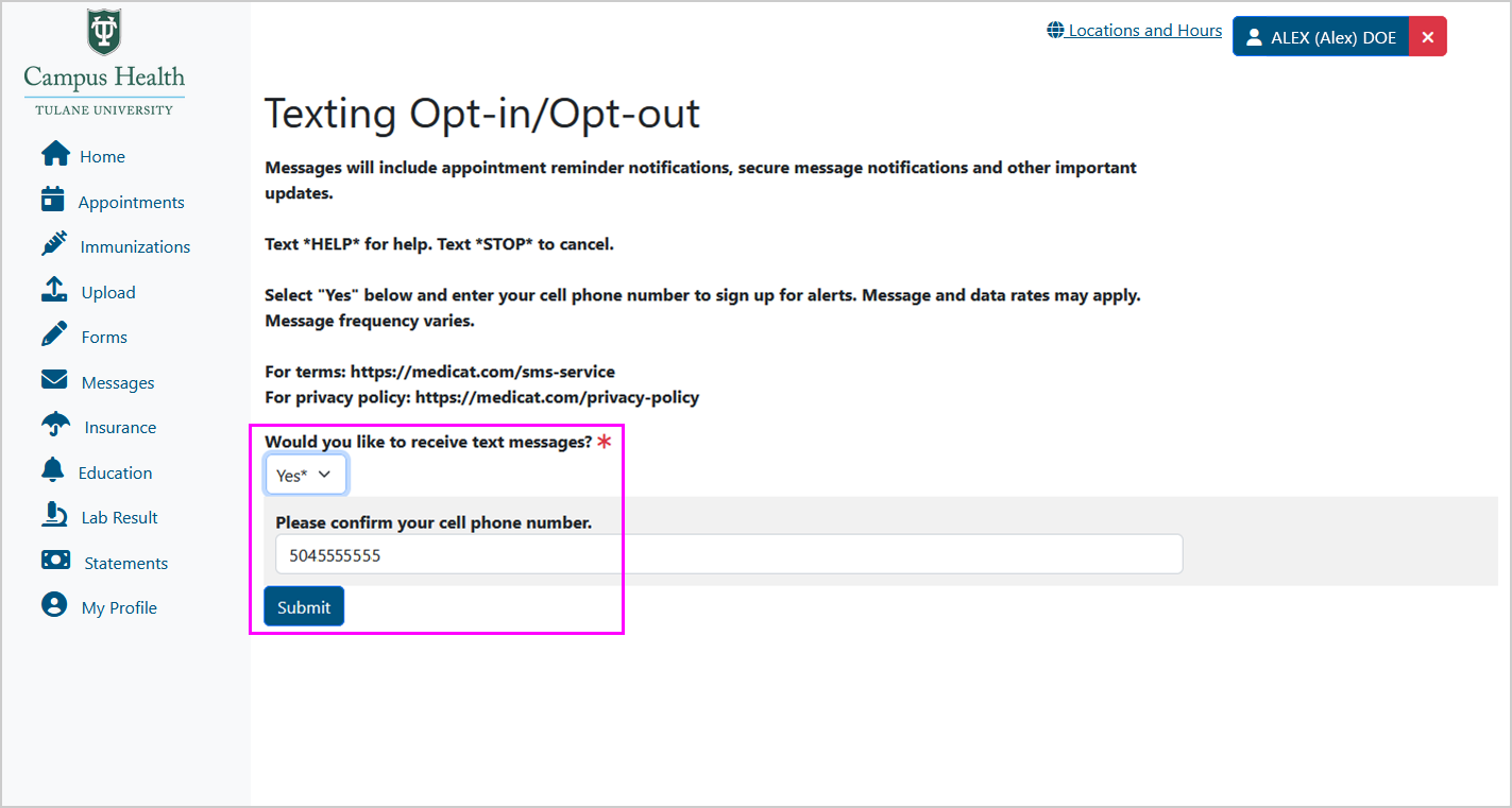 Screenshot of Texting Opt-in/Opt-out form, with the yes/no drop-down menu set to "Yes", text field for phone number confirmation, and Submit button all highlighted; the phone number confirmation field will only appear if you choose "Yes".