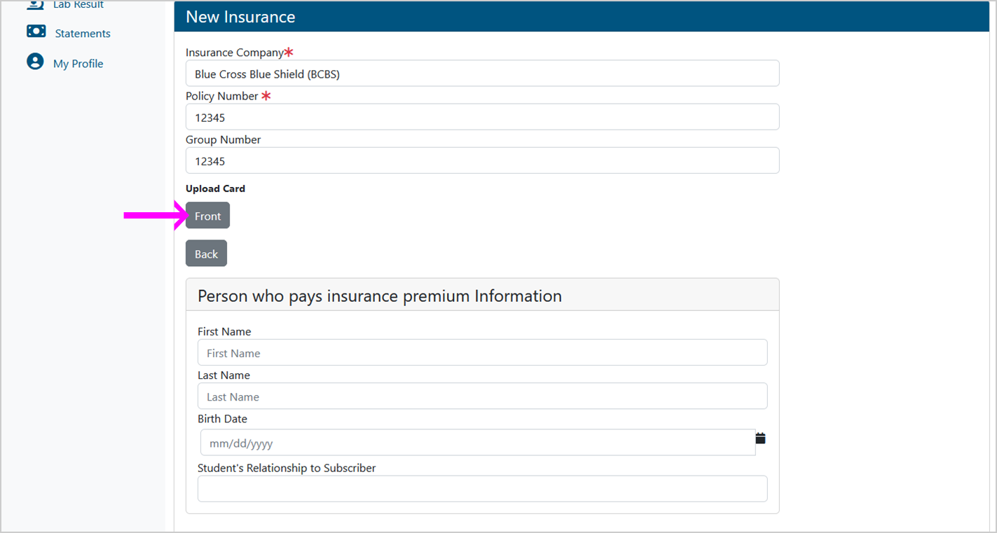 Screenshot of the "New Insurance" menu, with a pink arrow pointing at the "Front" button under the "Upload Card" section