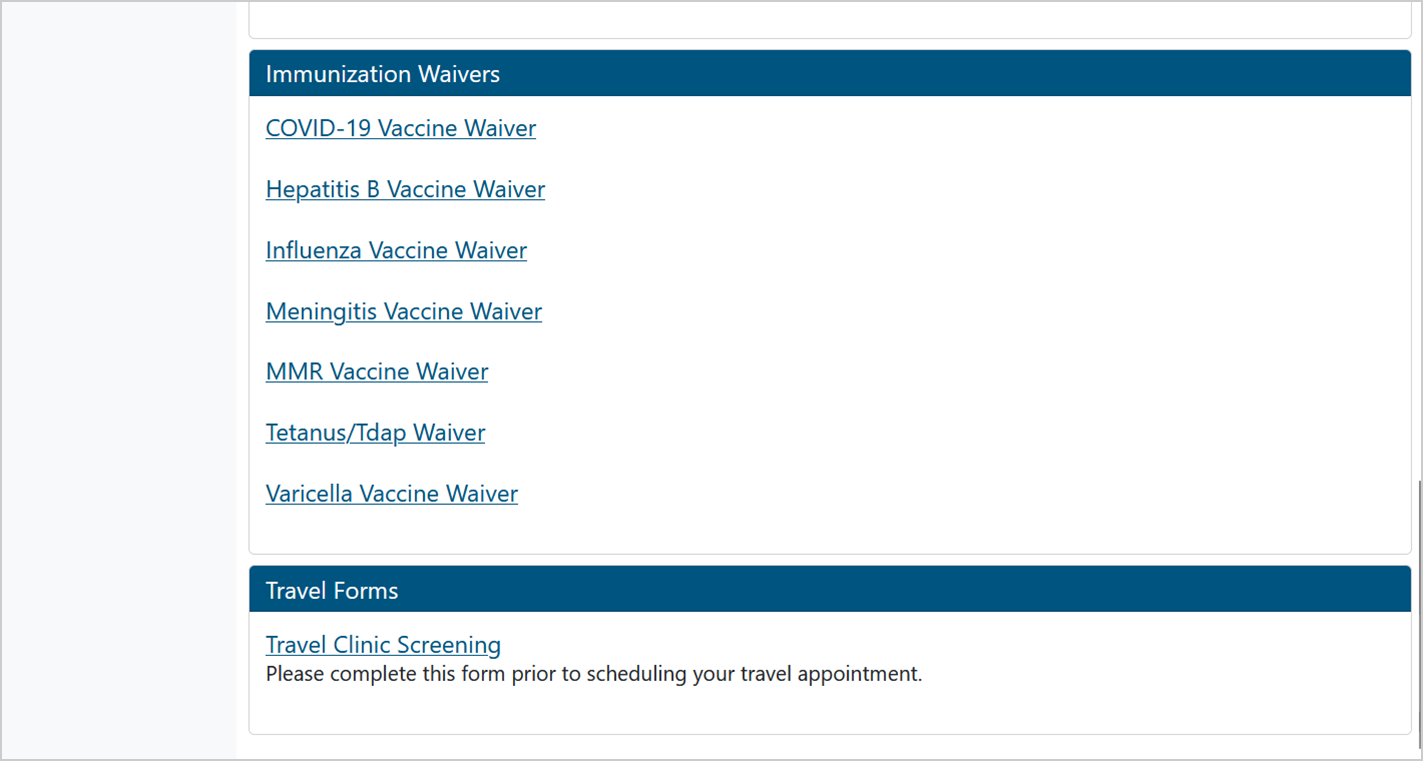 Screenshot of Forms page that shows all Immunization Waivers and Travel Forms