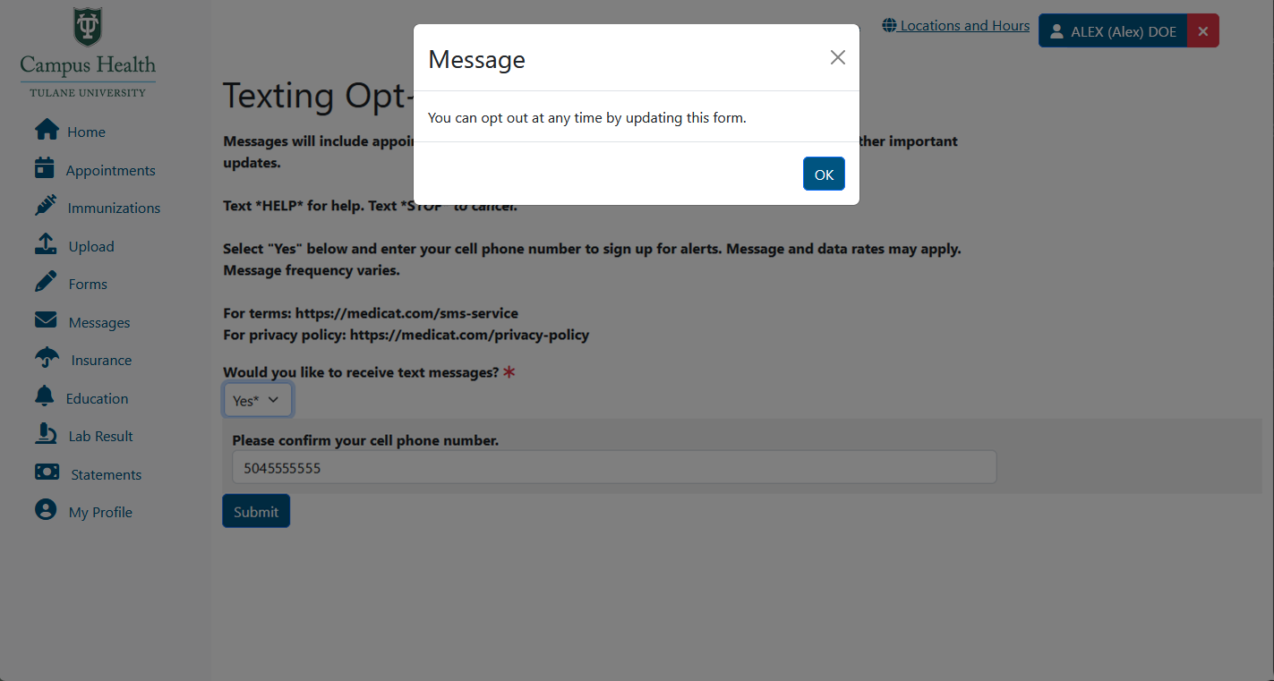 Screenshot of pop-up message window that says "You can opt out at any time by updating this form." Screenshot of pop-up message window that says "You can opt out at any time by updating this form."