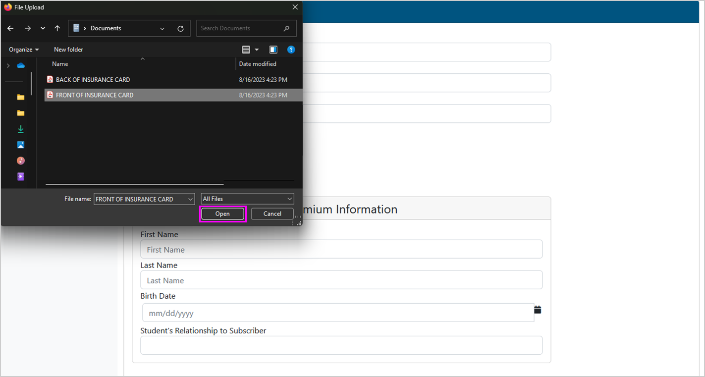 Screenshot of file explorer pop-up window, with a file labeled "FRONT OF INSURANCE CARD" and the "Open" button both highlighted