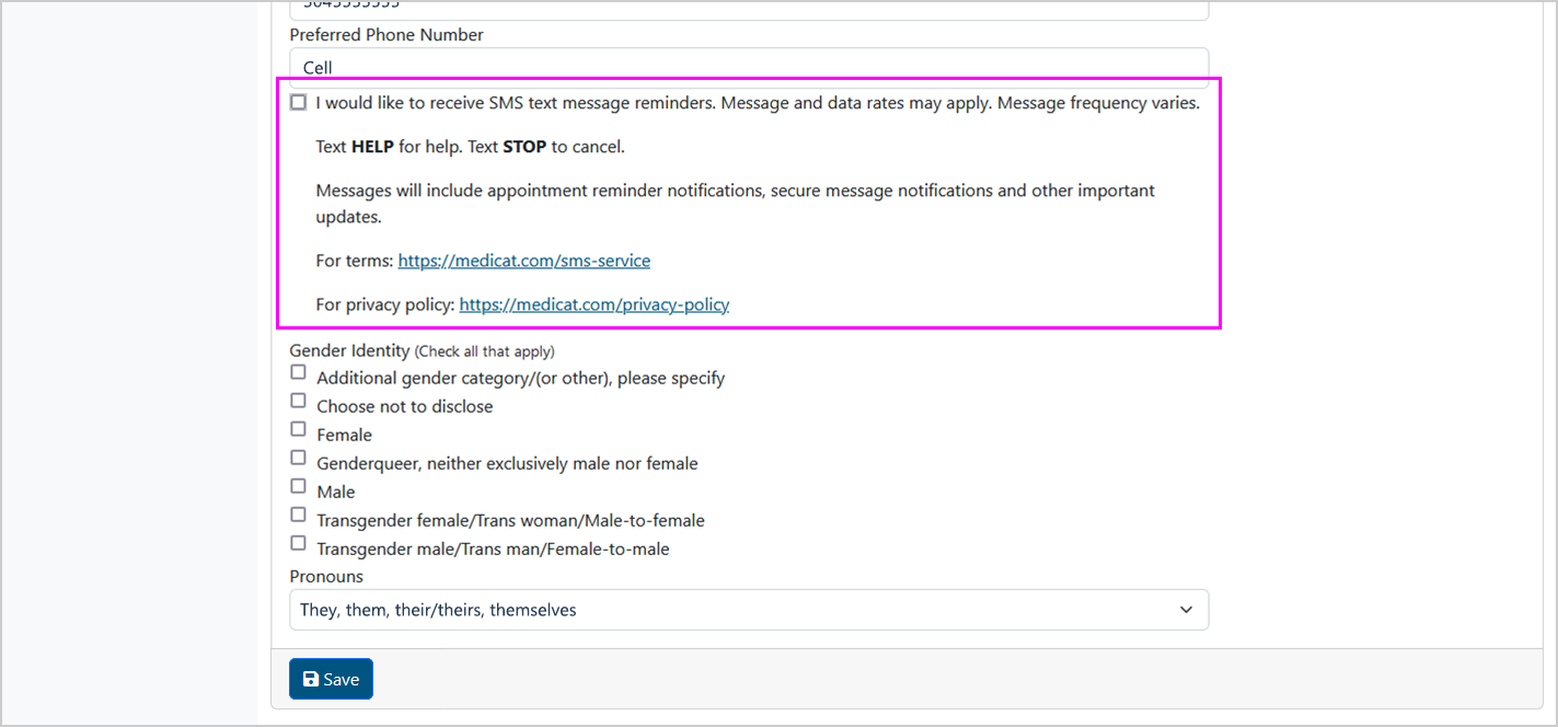 Screenshot of user profile page with the option to opt-in/opt-out of text messages highlighted Screenshot of user profile page with the option to opt-in/opt-out of text messages highlighted
