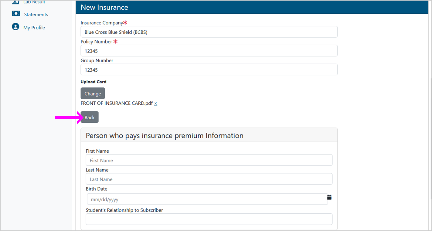 Screenshot of "New Insurance" menu with a pink arrow pointing at the "Back" button under the "Upload Card" section