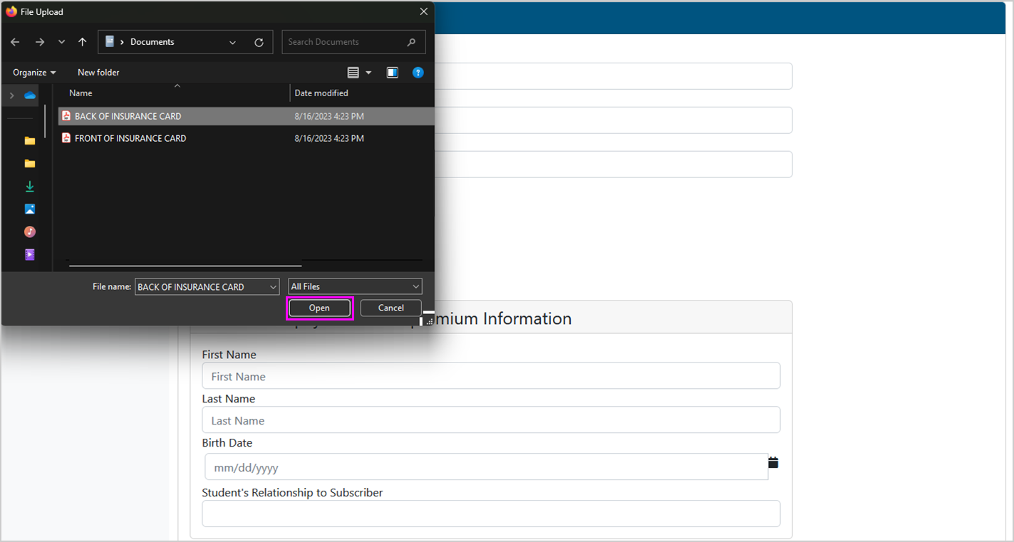 Screenshot of file explorer pop-up window, with a file labeled "BACK OF INSURANCE CARD" and the "Open" button both highlighted