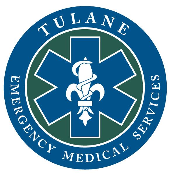 Tulane EMS logo, blue and green circle with star shaped symbol in the center and a fleur de lis with a snake wrapped around it