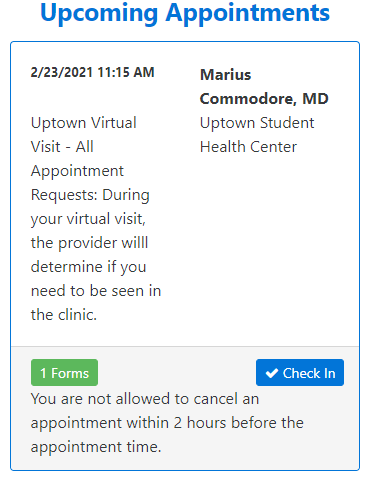 Screenshot of the upcoming appointments tab indicating the blue "check in" button.