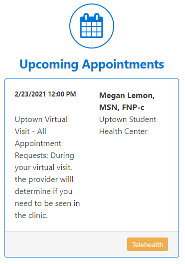 Screenshot of the upcoming appointments tab indicating the orange "Telehealth" button.