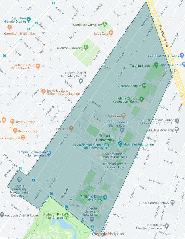 Map of the Uptown Campus depicting the Tulane EMS service area